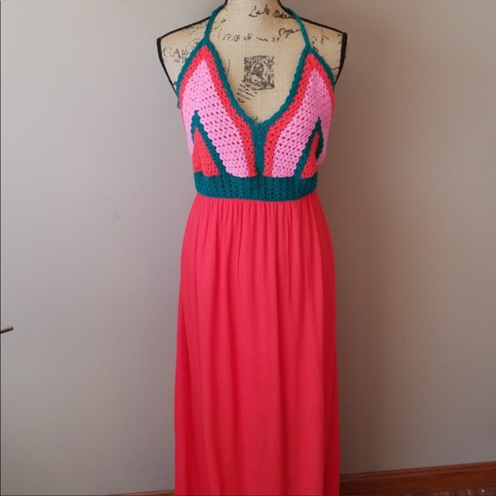 Dillard's long halter dress  Macrame Bodice MWT